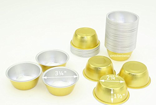 KitchenDance Disposable Aluminum Colored Baking Cups- Creme Brulee cups- Dessert Cups- 4 oz. Size with Lids (2000, Gold w/Stackable Lid)