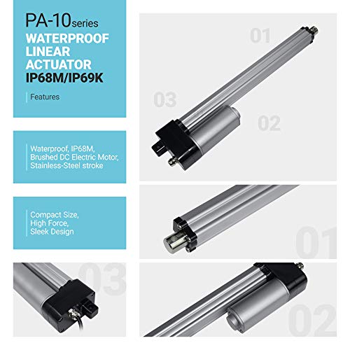 12V Waterproof (450 lbs. / 4 in.) Linear Actuator |IP68M/IP69K Protection for Industrial, Solar Usage | Brushed DC Electric Motor and Stainless-Steel Stroke Rod | Model PA-10-4-450-N-12VDC