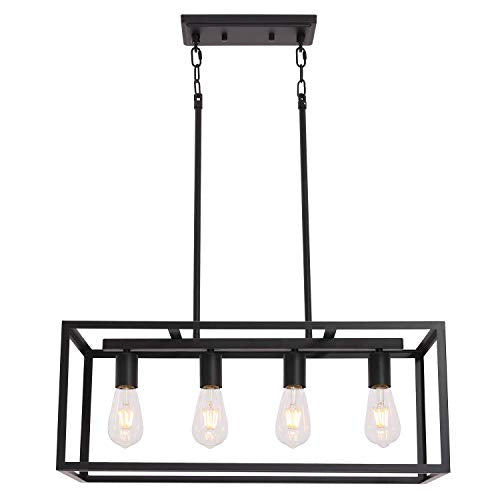 VINLUZ Rectangular Metal Chandelier.6 Light Black Linear Industrial Pendant Lights Cage Island Ceiling Lighting Fixture for Dining Room Kitchen