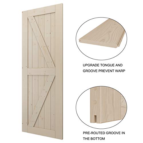 LD Build 30in x 84in Sliding Barn Wood Interior Door Slab with Barn Door Handle and Floor Guide, Solid Nature Wood, DIY Unfinished Panel, Environmental, Easy Installation, K-Frame (Fit 5FT Track)