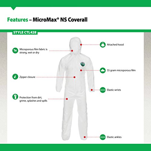 Lakeland Industries Inc MicroMax NS Microporous General Purpose Disposable Coverall with Hood, Elastic Cuff, 5X-Large, White (Case of 25)