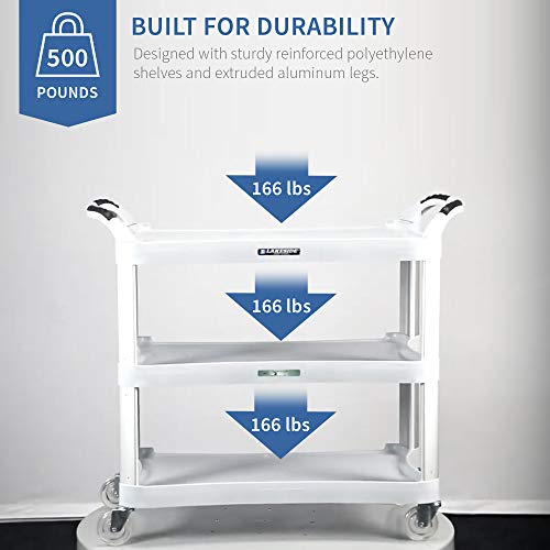 Lakeside Manufacturing 2510 Utility Cart, Plastic, 3 Shelves, 500 lb. Capacity, Light Grey, 16.75 x 29.5-inches