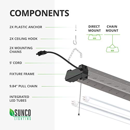 Sunco Lighting 12 Pack Industrial LED Shop Light, 4 FT, Linkable Integrated Fixture, 40W=260W, 5000K Daylight, 4000 LM, Surface + Suspension Mount, Pull Chain, Utility Light, Garage- Energy Star