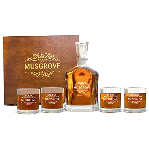 Krezy Case Personalized Liquor Decanter & Whiskey Glasses - Decanter for Groomsmen - Decanter with 2 Whiskey glasses - Classic design with name engraved - Anniversary, Engagement Decanter