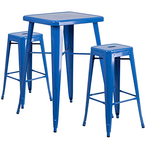 Flash Furniture 23.75'' Square Blue Metal Indoor-Outdoor Bar Table Set with 2 Square Seat Backless Stools
