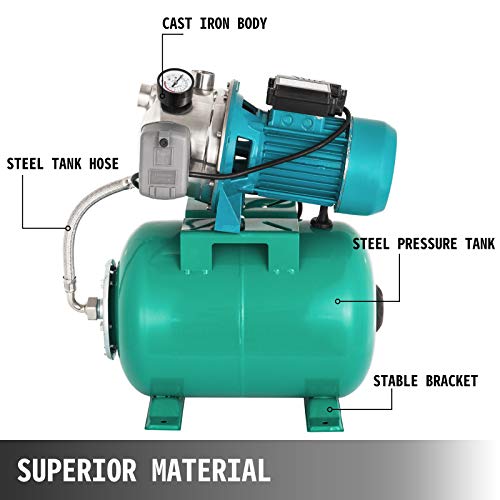 Happybuy Shallow Well Jet Pump & Tank 1 HP 750W w/ Pressure Tank 740GPH Stainless Steel