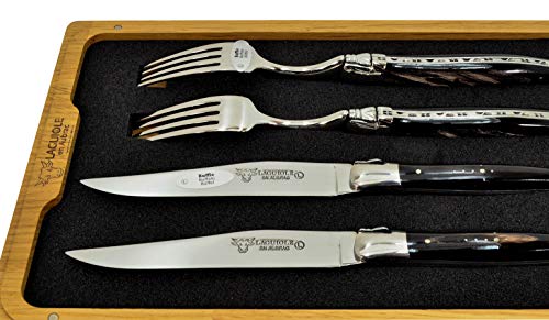 Laguiole en Aubrac Stainless Steel Set of 2 Forks and 2 Knives with Water Buffalo Handle