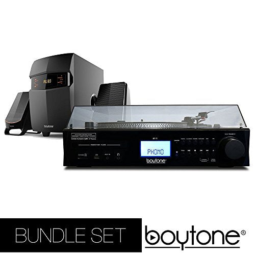Boytone Bundle Set Fully Automatic Bluetooth Turntable + 2.1 Multimedia Speaker, S-Shaped Tone Arm, Adjustable Counterweight & Pitch Control