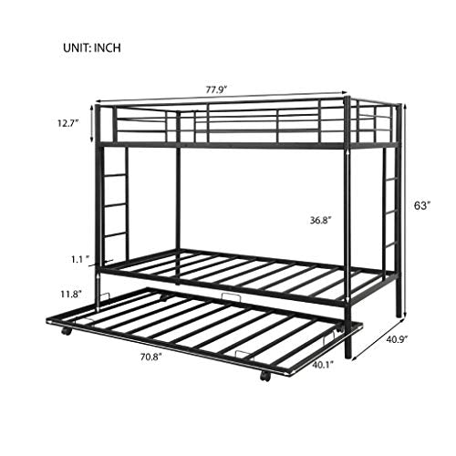Metal Twin Over Twin Bunk Beds with Trundle Bed Twin Bunk Beds for Kids No Box Spring Required (Black (Twin Bunk with Trundle))
