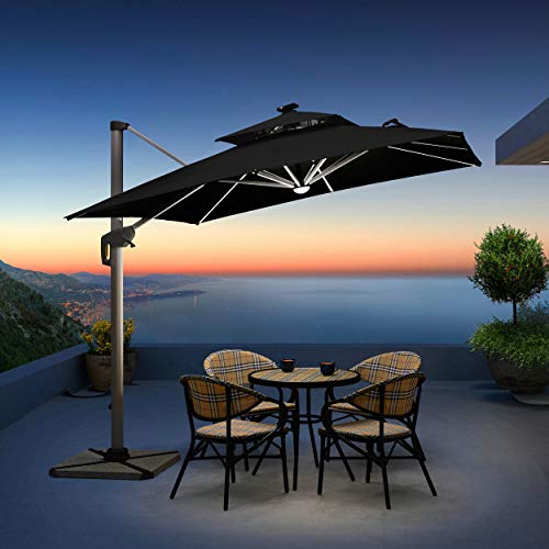 PURPLE LEAF 11Feet Double Top Deluxe Solar Powered LED Offset Hanging Umbrella, Navy Blue