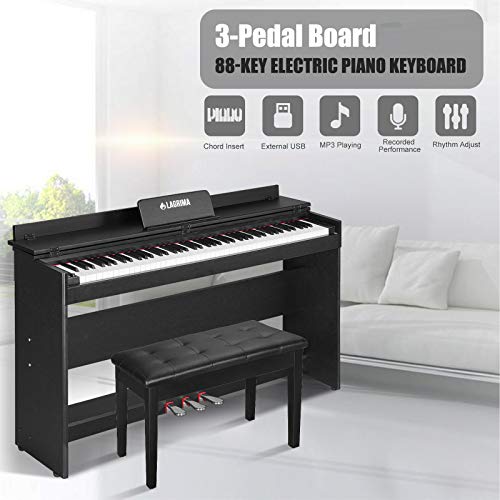 LAGRIMA Digital Piano, 88 Key Electric Keyboard Piano for Beginner/Adults with Padded Piano Bench+Music Stand+Power Adapter+3-Pedal Board+Instruction+Headphone Jack(Black With 2 Person Bench)