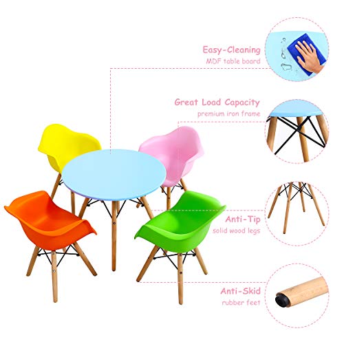 Costzon Kids Mid-Century Modern Style Dining Set (Colorful, Table & 4 Armchairs)