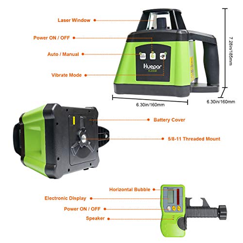Huepar Electronic Self Leveling Rotary Laser Level Kit 360 Horizontal Beam Interior/Exterior Level Tool Receiver Protective Glasses Alkaline Battery