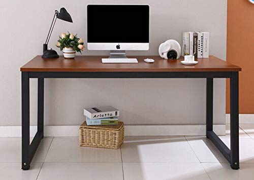 Home Office Desk, 63in Writing Desks Large Study Computer Table Workstation,Teak Wooden Top+Black Metal Leg