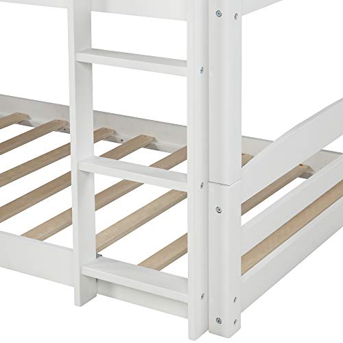 Twin Over Twin Bunk Bed with Slide, Wood Twin Low Bunk Bed for Kids,with Built-in Ladders, White