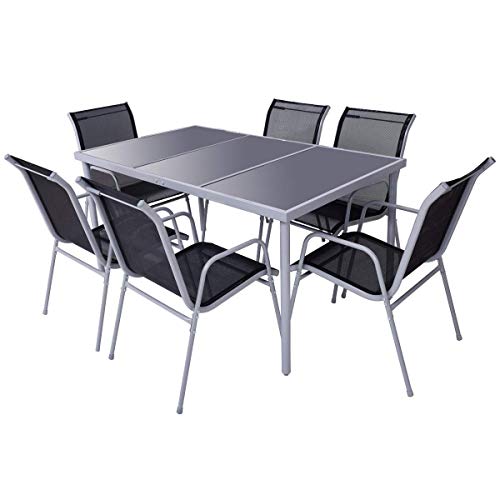 Giantex 7 Pcs Patio Dining Set with Metal Frame for Outdoor Lawn Garden Tempered Glasstop Cool Fabric Chairs Bistro Patio Dining Table Sets, Black