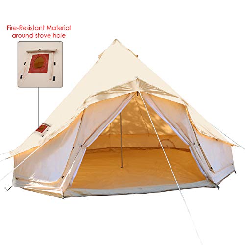 PlayDo 4-Season Waterproof Cotton Canvas Bell Tent Wall Yurt Tent with Stove Hole for Outdoor Camping Hunting Hiking Festival Party (with Big Windows&Stove Hole, 5M/16.4ft)