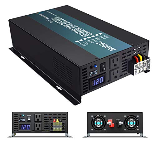 WZRELB Reliable 2000W High Frequency LED Display Power Generator True Pure Sine Wave Solar Power Inverter Off Grid DC to AC 24V 120V Converter(Black)