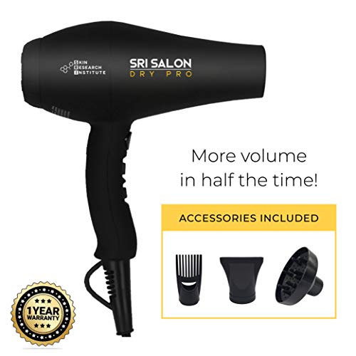 Skin Research Institute Salon Dry Pro - Red Light Therapy Professional Salon Ceramic Ionic Volumizing Anti-Frizz Hair Blow Dryer 1875W | Free Concentrator Diffuser and Comb Attachments In