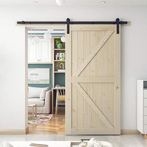 SmartStandard 42 x 84in Sliding Barn Wood Door Pre-Drilled Ready To Assemble DIY Unfinished Solid Spruce Paneled Slab Interior Natural