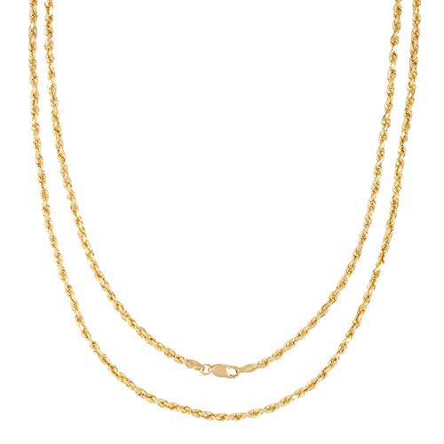 14K Yellow Gold Diamond Cut Rope Chain Necklace for Men and Women – Measures 3mm Thickness x 16 Inches Length