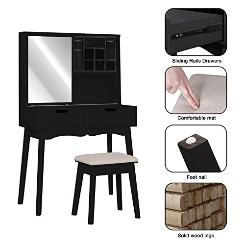 Vanity Set with Moving Mirror & Cushioned Stool Dressing Table Vanity Makeup Table, 2 Sliding Drawers,5 Storage Shelves, Jewelry Armoire Makeup Organizer Vanity Desk (Black)
