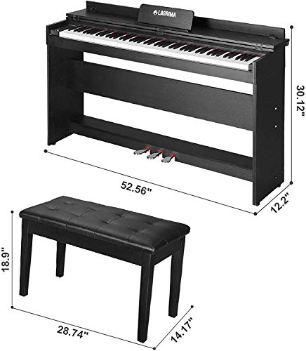 LAGRIMA Digital Piano, 88 Key Electric Keyboard Piano for Beginner/Adults with Padded Piano Bench+Music Stand+Power Adapter+3-Pedal Board+Instruction+Headphone Jack(Black With 2 Person Bench)