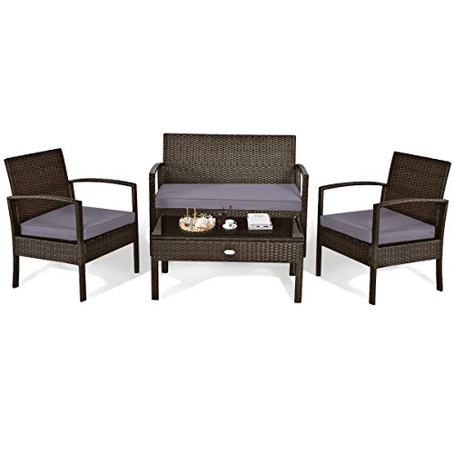 Tangkula 4Pc Outdoor Furniture Set Rattan Wicker Loveseat Sofa Cushioned Seat&Glass Top Coffee Table Modern