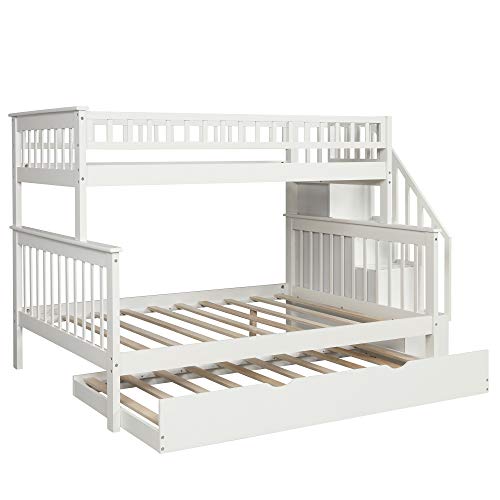 Merax Twin Over Full Stairway Bunk Bed with Storage and Trundle Bed, No Box Spring Required, White