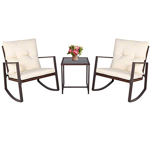 BonusAll 3 Pieces Outdoor Patio Set Rocking Chair Patio Furniture Sets Conversation Sets with Coffee Table Light Blue