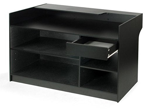Free-Standing Black Melamine Register Stand, 72 w x 42 x 18-Inch, with Adjustable Shelves, Pull-Out Drawer, and Check Writing Area