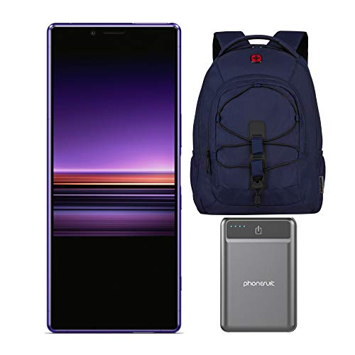 Sony Xperia 1 Unlocked Smartphone 6.5" 4K HDR OLED CinemaWide Display, 128GB - Purple - (US Warranty) with 16-inch Laptop Backpack and Battery Pack Bundle (3 Items)