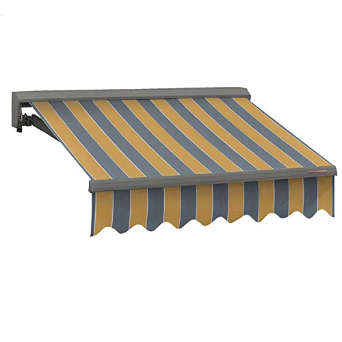 ADVANING Retractable Patio Awning 100% Acrylic Fade Resistant Fabric Easy Sunny Yellow with Gray Stripes