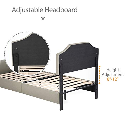 LAGRIMA Upholstered Linen Platform Bed, Curved Shape Headboard, Footboard and Metal Frame with Sticky Wood Slat Support, Headboard Height Adjustable, Khaki, Queen