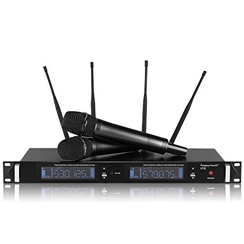 200 Channel 4 Antenna Diversity Dual UHF Professional Wireless Microphone System Up to Range 350ft Karaoke, Meeting, Stage (UT22)