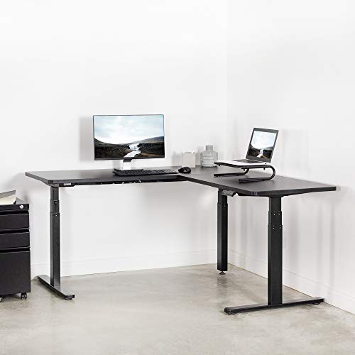 VIVO Electric 67 x 60 inch Corner Stand Up Desk | Black Table Top, Black Frame, Height Adjustable L-Shaped Standing Workstation (DESK-KIT-3E6B)