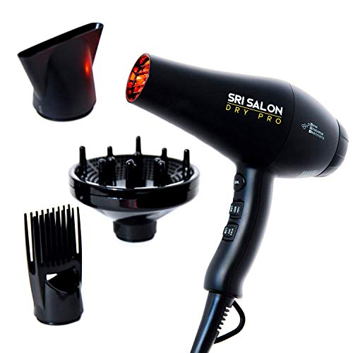 Skin Research Institute Salon Dry Pro - Red Light Therapy Professional Salon Ceramic Ionic Volumizer, Styler, Hair Blow Dryer 1875W Dual Voltage | Free Concentrator Diffuser and Comb Attachments…