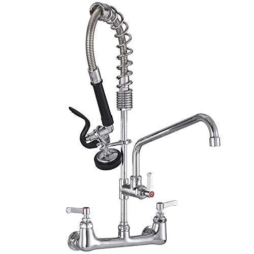 JZBRAIN Double Handle Commercial Kitchen 25" Height 8" Center Wall Mount Faucet with Pull Down Pre-Rinse Spray and Add-on Swing Spout