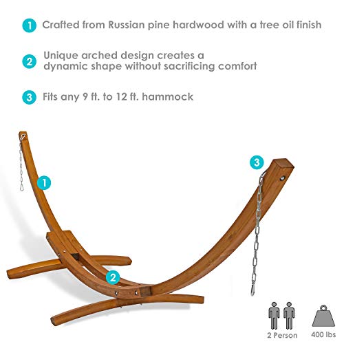 Sunnydaze Solid Wood Curved Arc Hammock Stand with Hooks and Chains, 2 Person, 13 Feet Long, 400 Pound Capacity