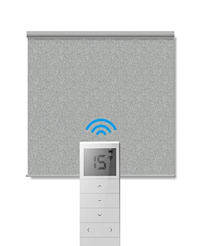Springblinds 100% Blackout Battery Running Motorized Roller Shade with Remote Control, 33" Wx72 H Mist Grey, Cordless Polyester Foam Roll Expose Automated Blinds Custom Size Shades Child Safety