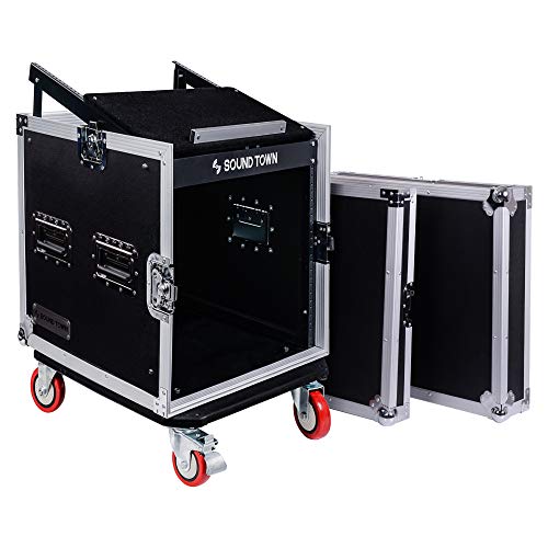 Sound Town 10U PA DJ Pro Audio Rack/Road ATA Case with 13U Slant Mixer Top, 23.5’’ Rackable Depth and Casters, 10 Space Size (STMR-10UW)