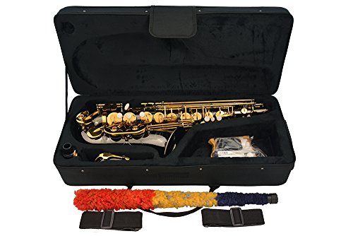Lazarro 360-BN E-Flat Eb Alto Saxophone Black Nickel-Gold Keys with Case, 11 Reeds, Care Kit and Many Extras