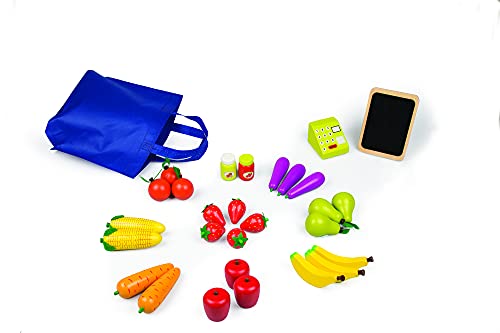 Wooden Farmers Market Stand - Kid's Playroom Furniture Grocery Stand for Pretend Play (30+ Pieces) - Includes Fruit, Chalkboard, and Cash Register