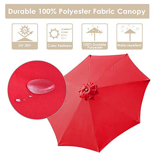 LEGENDARY-YES 9' Foot Red Polyester Umbrella 8-Rib Solid Sycamore Wood Pole Pulley for Outdoor Patio Furniture Overhead Cover Canopy UV Protection Sun Shade Café Shop