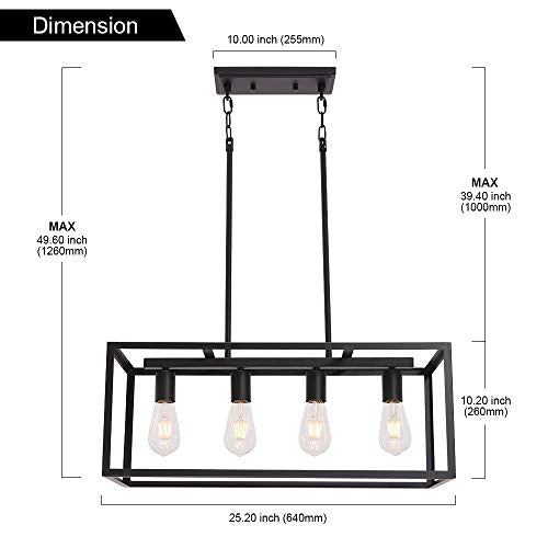 VINLUZ Rectangular Metal Chandelier.6 Light Black Linear Industrial Pendant Lights Cage Island Ceiling Lighting Fixture for Dining Room Kitchen