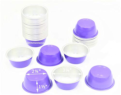 KitchenDance Disposable Aluminum Colored Baking Cups- Creme Brulee cups- Dessert Cups- 4 oz. Size with Lids (1000, Purple w/High Dome Lid)