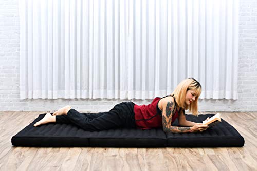 Leewadee Large Foldable Thai Mattress, 82x46x3 inches, Guest Bed Tri-Fold Yoga Floor Mat Thai Massage Pad TV Floor Seat with Backrest Game Chair Eco-Friendly Organic and Natural, Kapok, Anthracite