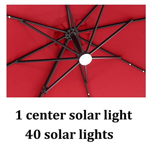 Leisurelife 10' Cantilever Offset Umbrella with Solar Lights for Patio, Tilt and Crank, 8 Ribs, Wine Red