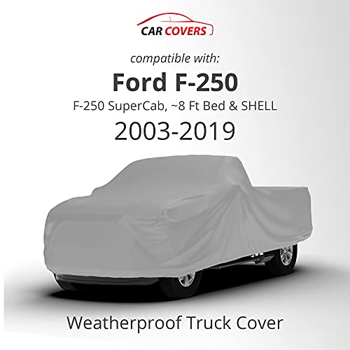 Weatherproof Truck Cover Compatible with 2003-2019 Ford F-250 with SuperCab, ~8 Ft Bed & Shell - Outdoor & Indoor - Rain, Snow, Hail, Sun - Theft Cable Lock, Bag & Wind Straps