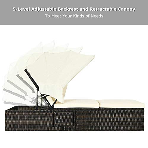 Tangkula Outdoor Chaise Lounge Chair with Folding Canopy, Adjustable Cushioned Reclining Chair with Flip-up Tea Table, Rattan Sun Lounger for Beach Poolside Backyard Balcony Porch (1)